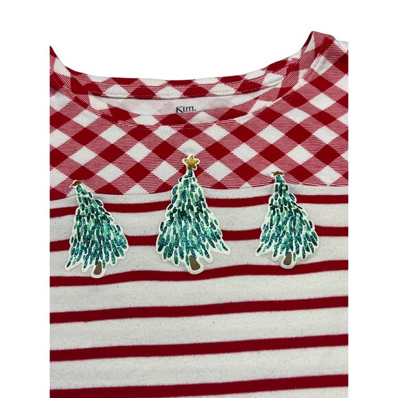 Kim Rogers Red White Striped Christmas Top Green Glitter Trees 3/4 Sleeves Sz M - Picture 3 of 4